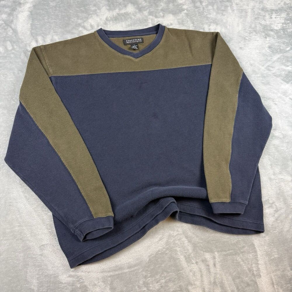 Vintage 90s Structure Colorblock Thermal Knit Sweater Blue Grunge Skater Large